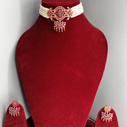 Fashion - Classic Ruby Pink & Pearl Antique Traditional, Bead Mix Choker Necklace Set