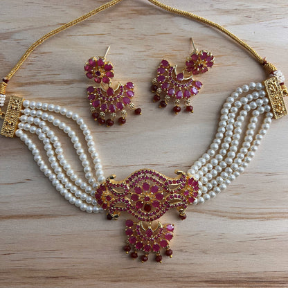 Fashion - Classic Ruby Pink & Pearl Antique Traditional, Bead Mix Choker Necklace Set