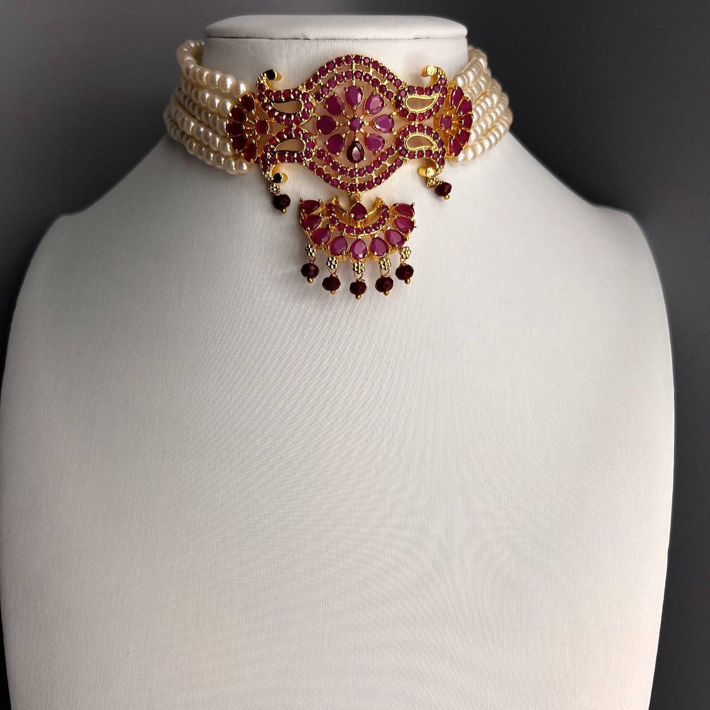 Fashion - Classic Ruby Pink & Pearl Antique Traditional, Bead Mix Choker Necklace Set