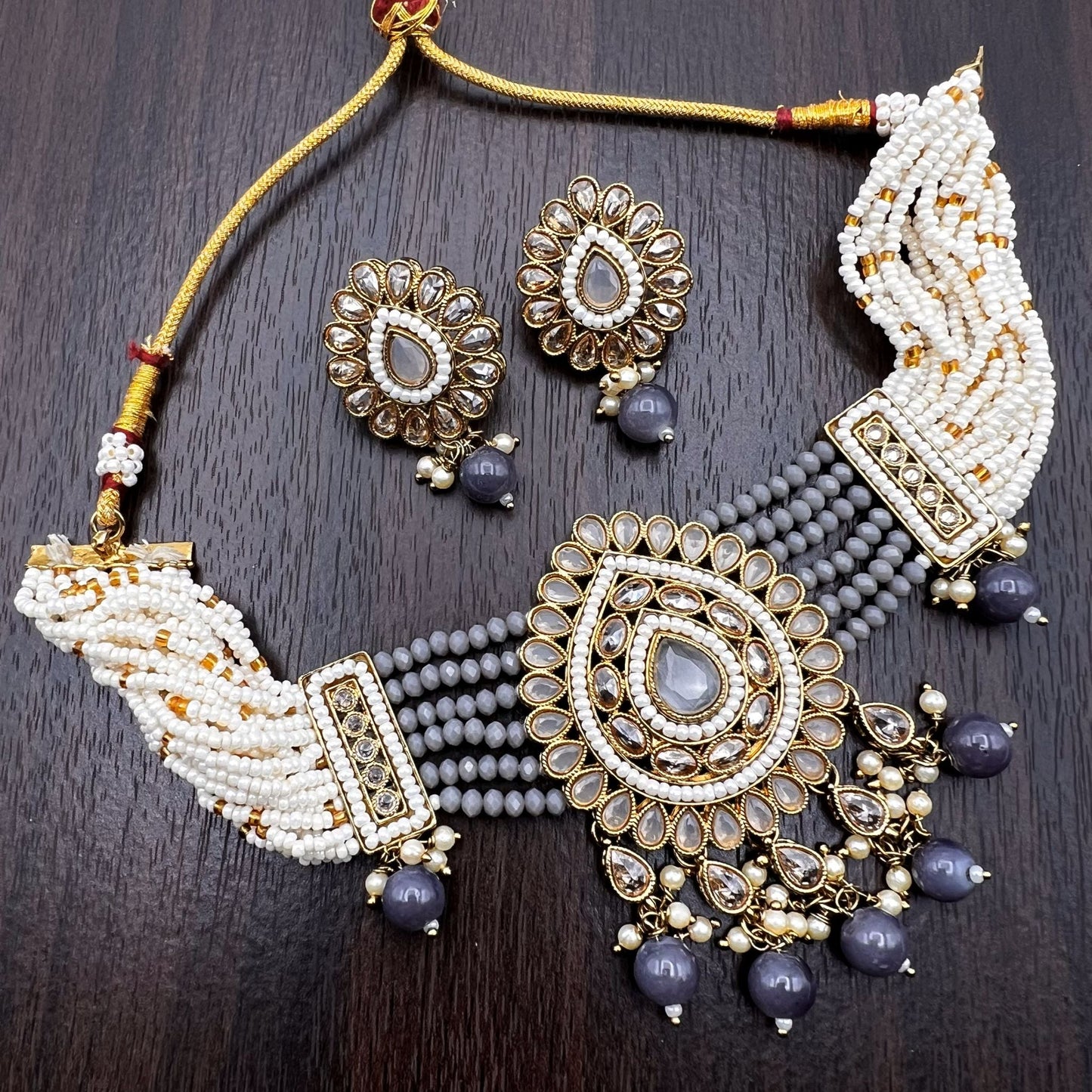 Fashion - Classic Style Grey Color Bead Mix Necklace Set With Mehndi Plating