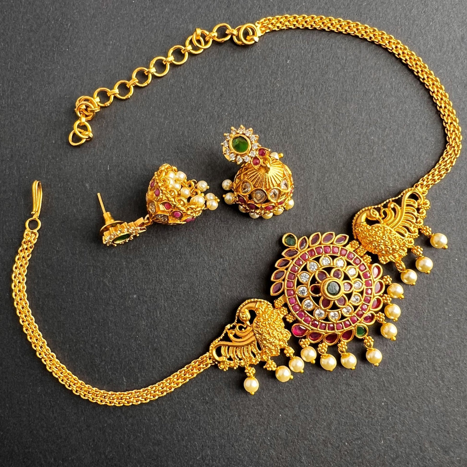 Fashion - Gold Replica Classic Style Ruby Pink Color Antique Traditonal Necklace Set With Gold Tone Plating