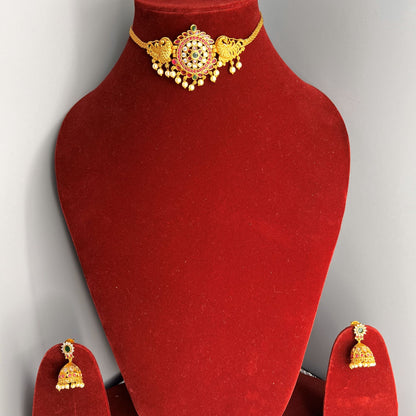 Fashion - Gold Replica Classic Ruby Pink Antique Traditional Choker Necklace Set