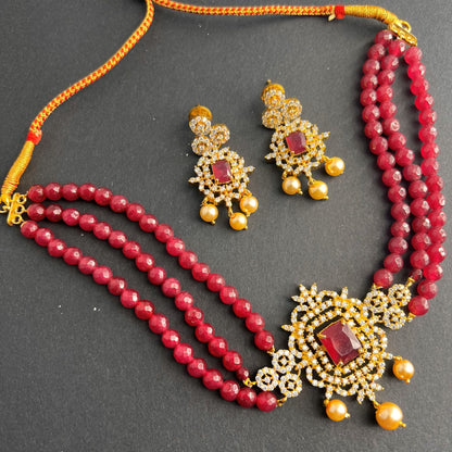 Fashion - Classic Style Red Color Antique Traditonal Necklace Set With Gold Tone Plating