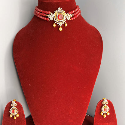 Fashion - 3 Strand Red Antique Traditional, Bead Mix Choker Necklace Set