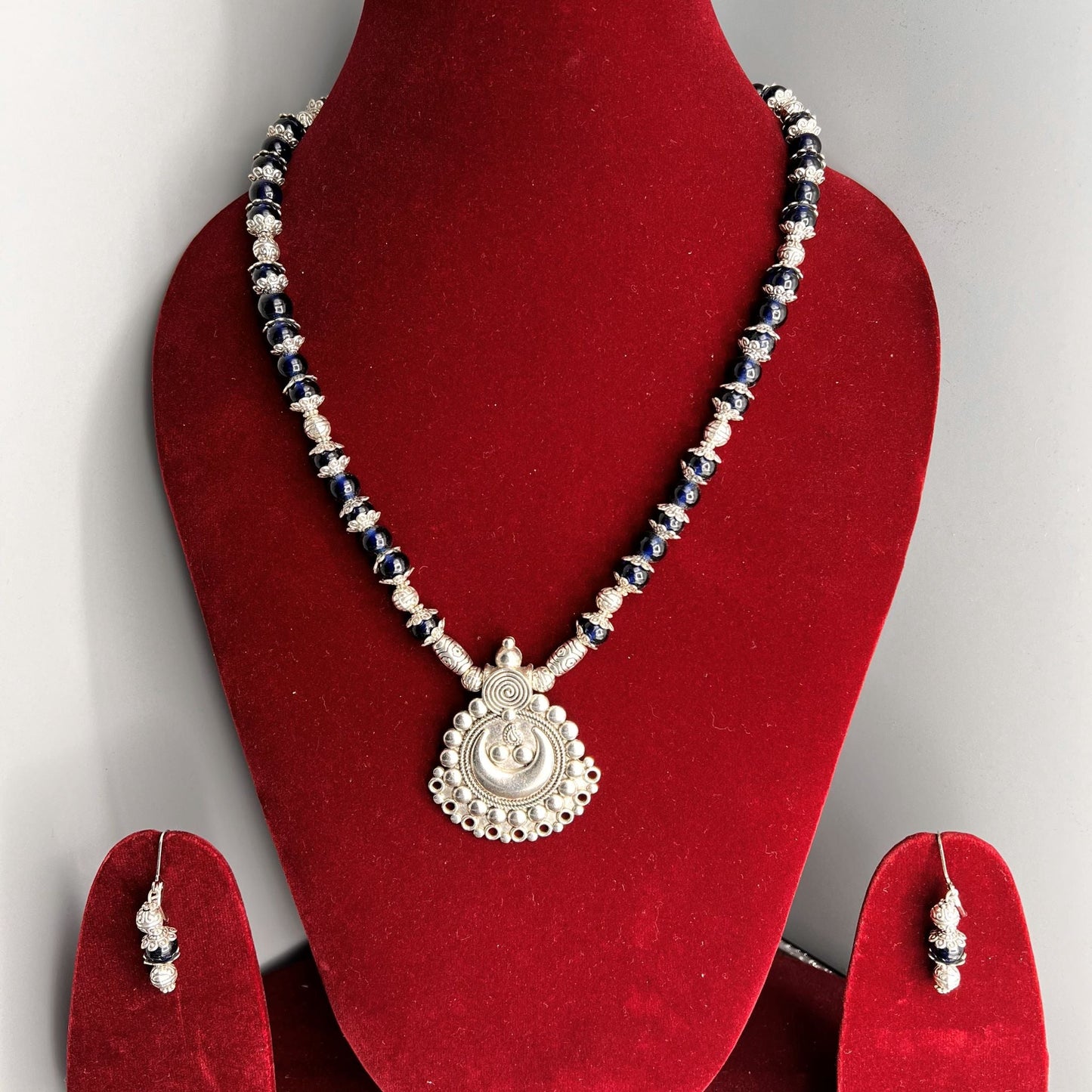 Fashion - Single Strand Dark Blue Oxidized, Bead Mix Long Necklace Set