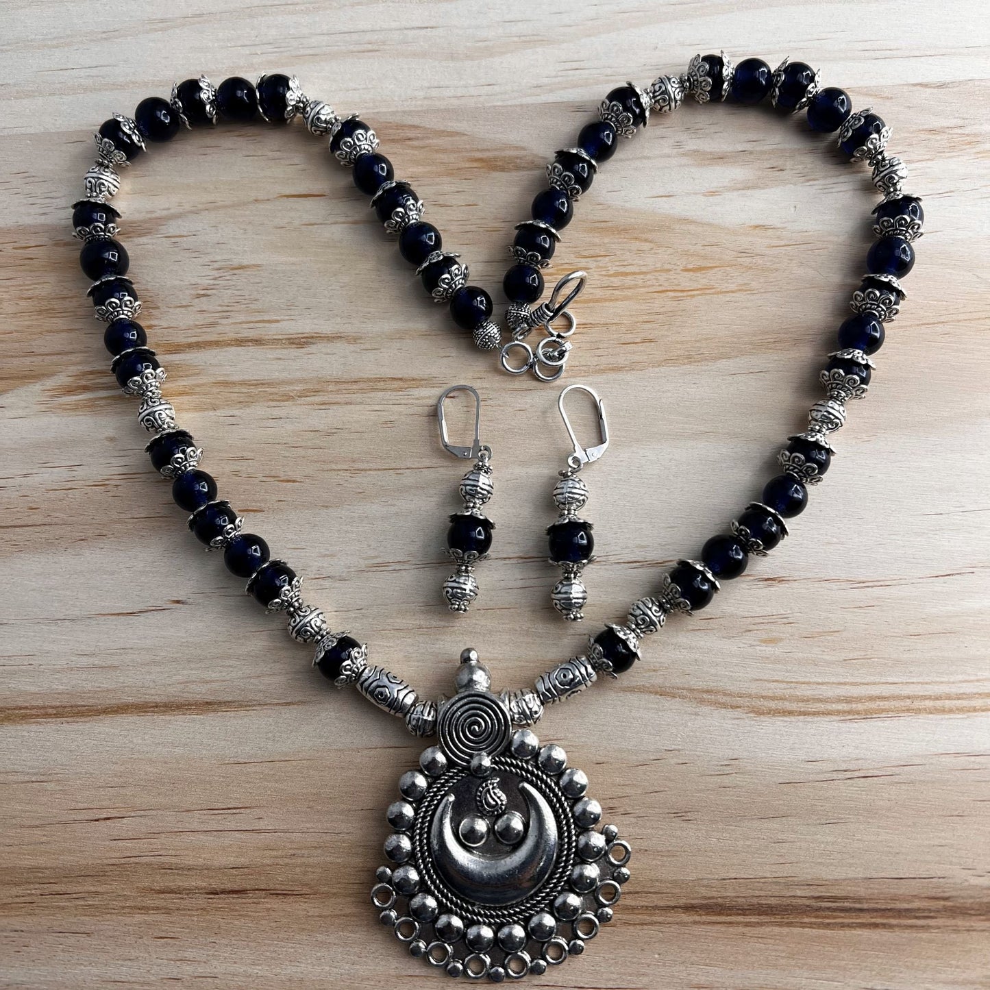 Fashion - Single Strand Dark Blue Oxidized, Bead Mix Long Necklace Set