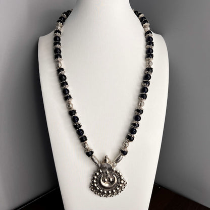 Fashion - Single Strand Dark Blue Oxidized, Bead Mix Long Necklace Set