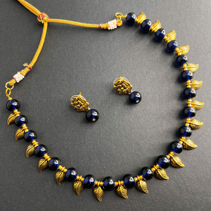 Fashion - Trendy Style Blue Color Oxidized Necklace Set With Oxidized Gold Tone Plating