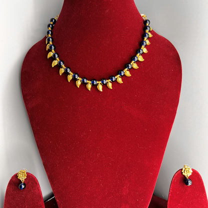 Fashion - Trendy Dark Blue Beads & Gold Leaf Motifs Oxidized Necklace Set