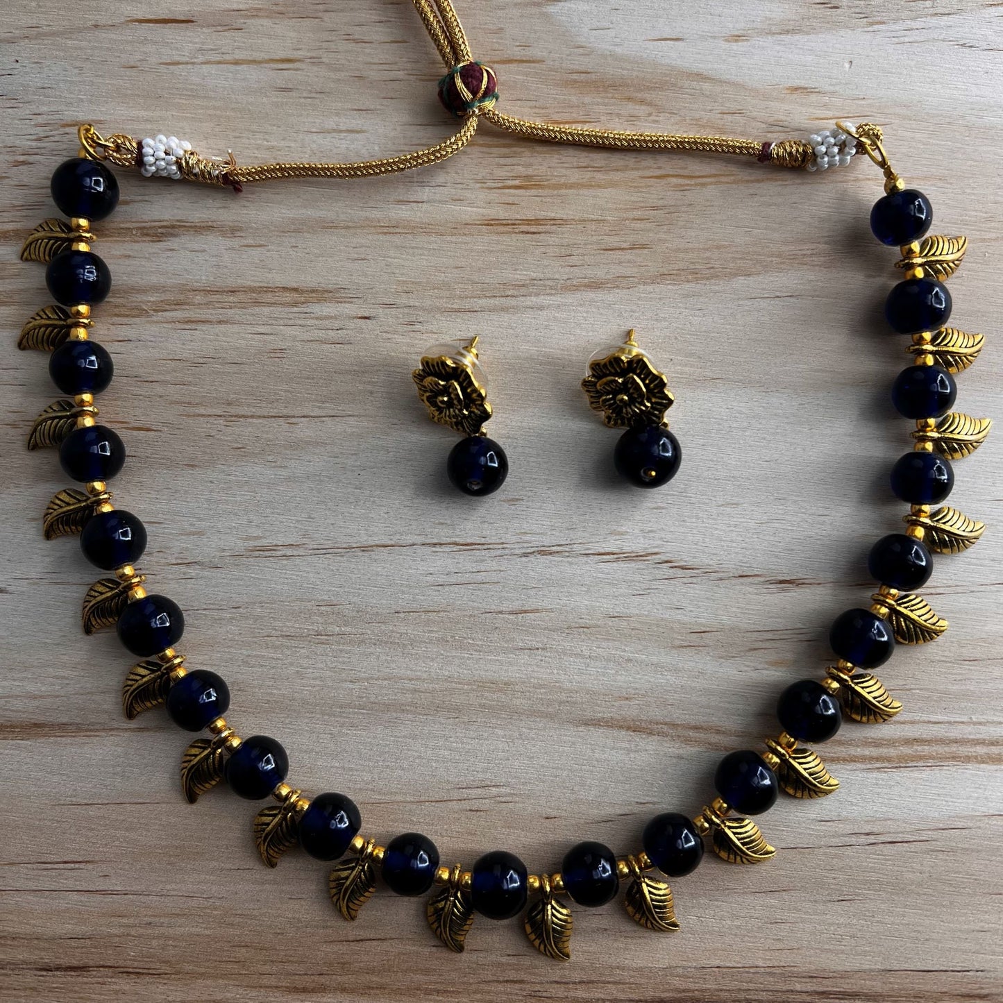 Fashion - Trendy Dark Blue Beads & Gold Leaf Motifs Oxidized Necklace Set