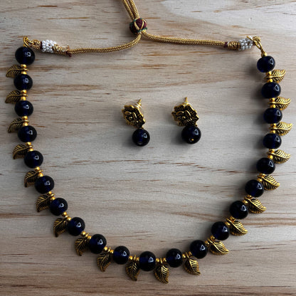 Fashion - Trendy Dark Blue Beads & Gold Leaf Motifs Oxidized Necklace Set