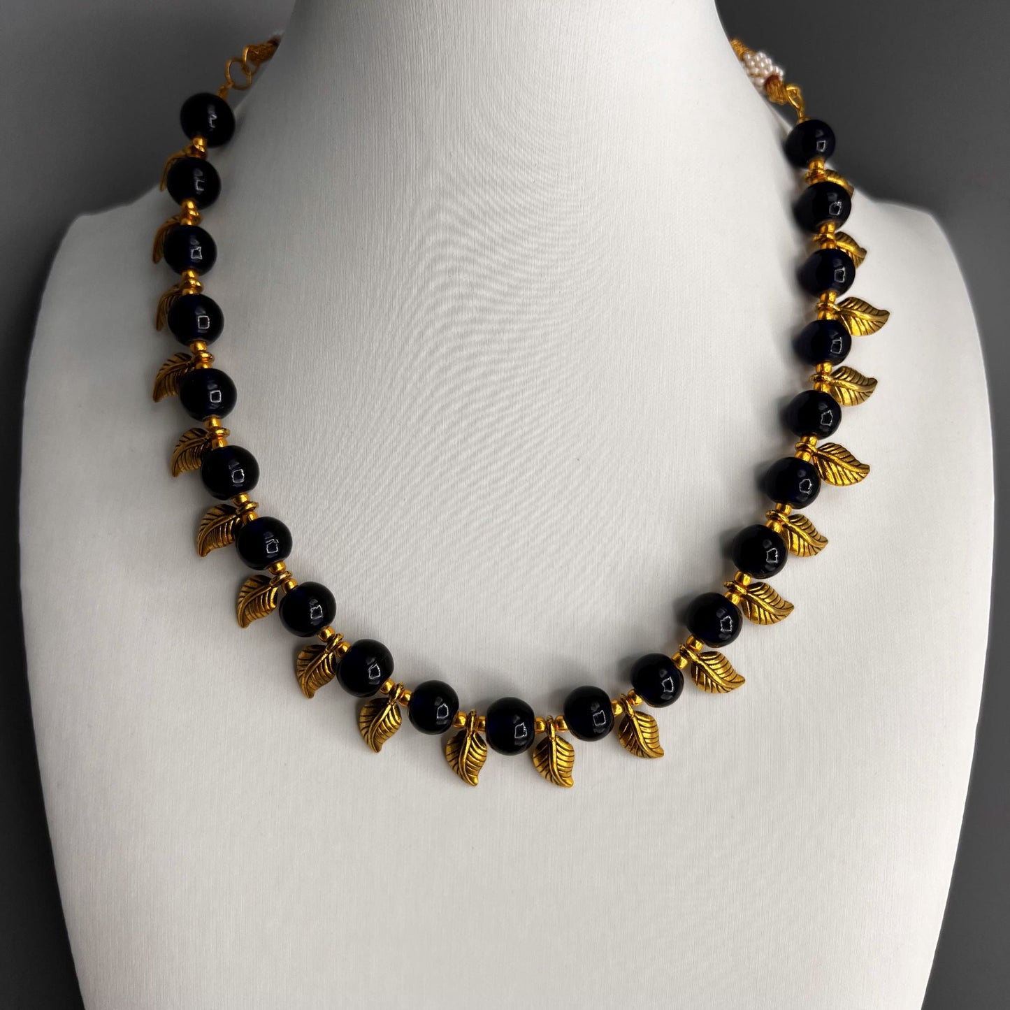 Fashion - Trendy Dark Blue Beads & Gold Leaf Motifs Oxidized Necklace Set