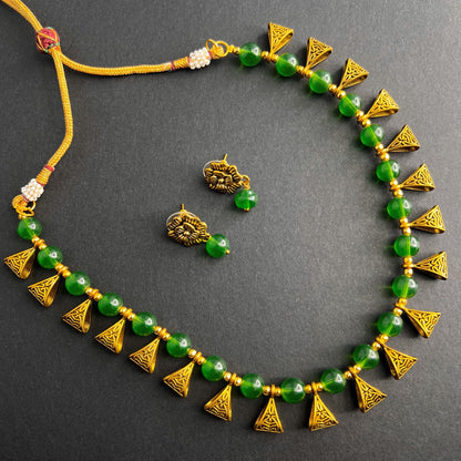 Fashion - Trendy Style Green Color Oxidized Necklace Set With Oxidized Gold Tone Plating