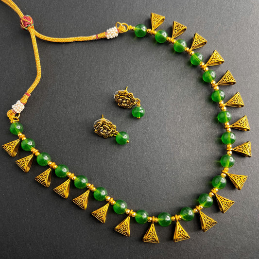 Fashion - Trendy Style Green Color Oxidized Necklace Set With Oxidized Gold Tone Plating