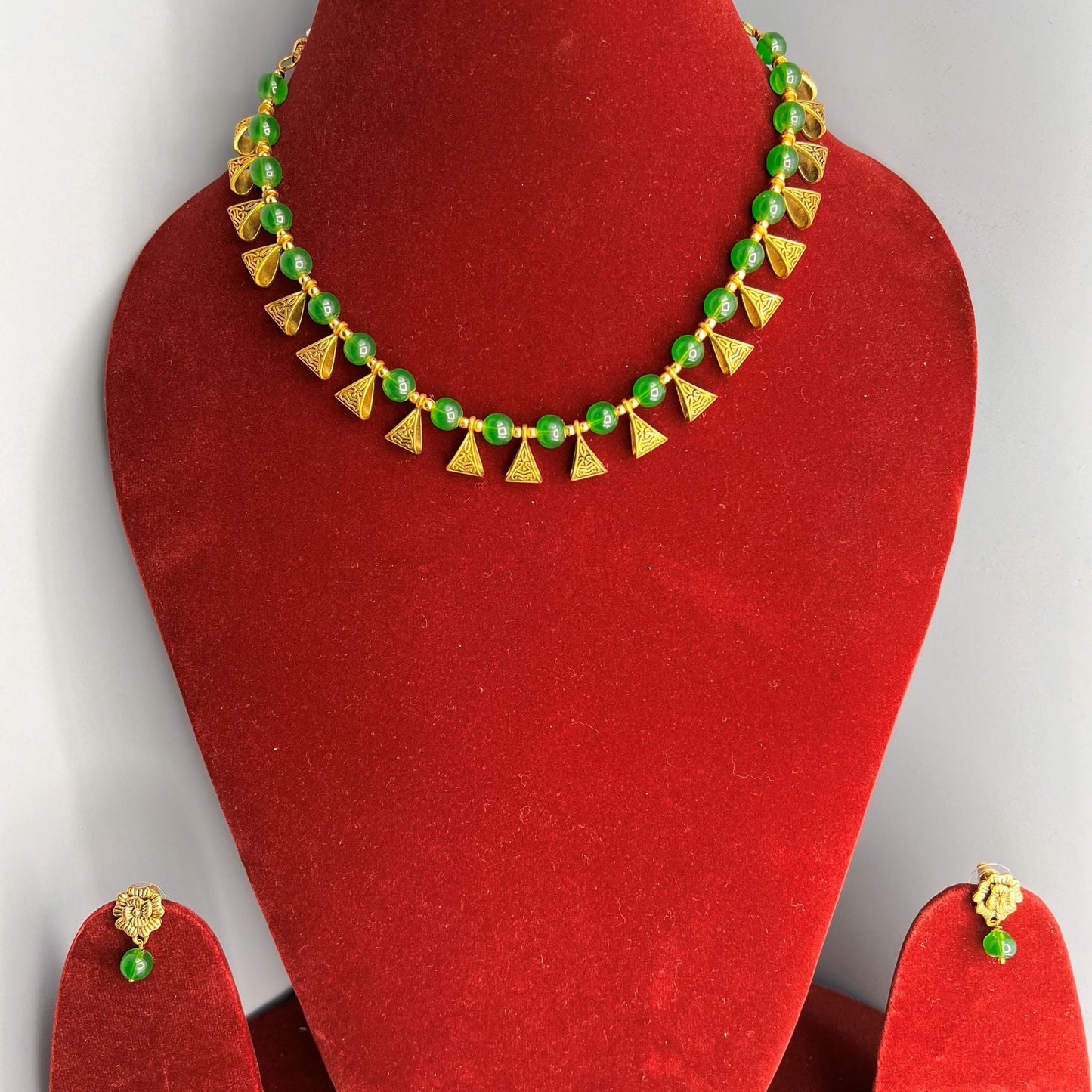 Fashion - Trendy Green Beads & Gold Motifs Oxidized Necklace Set