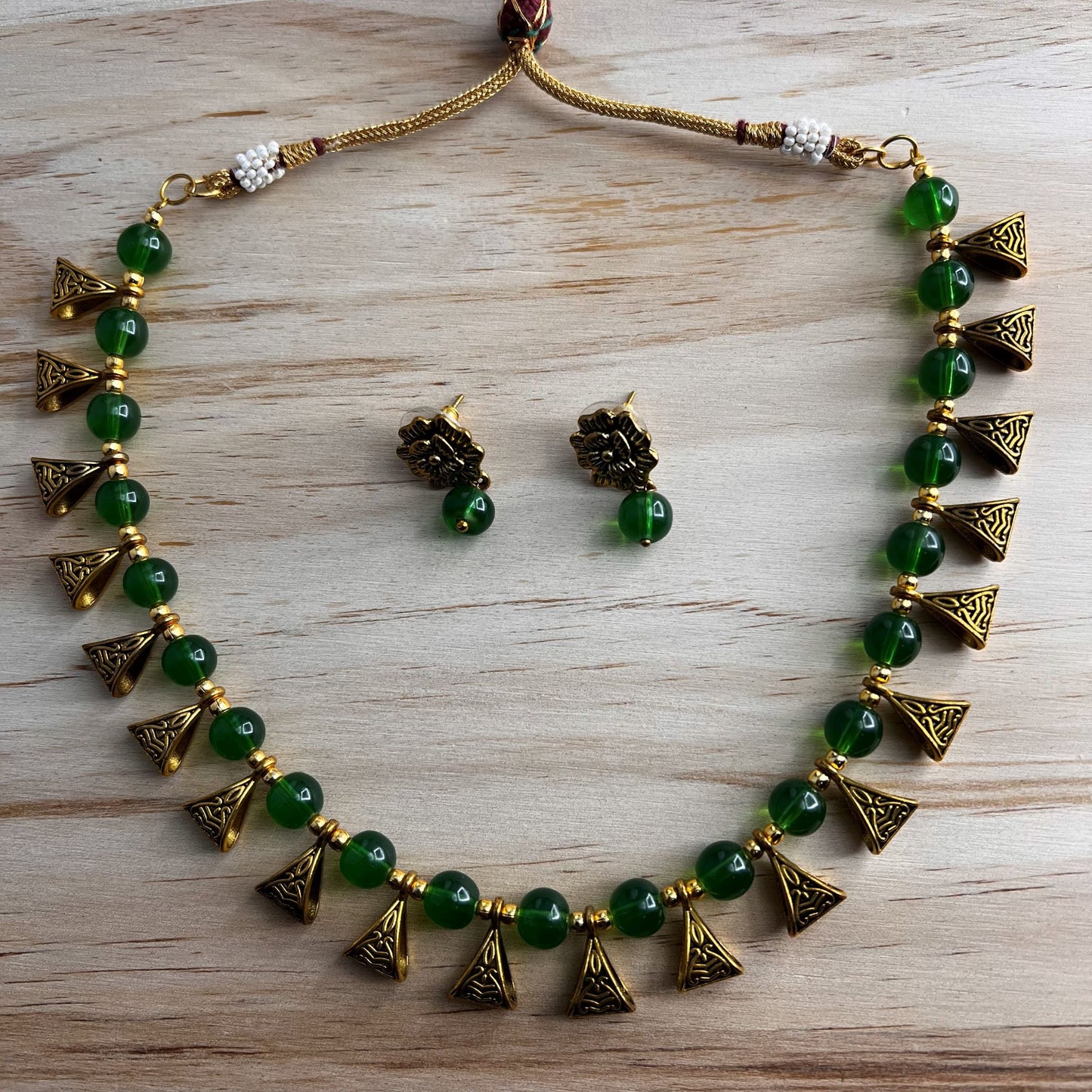 Fashion - Trendy Green Beads & Gold Motifs Oxidized Necklace Set