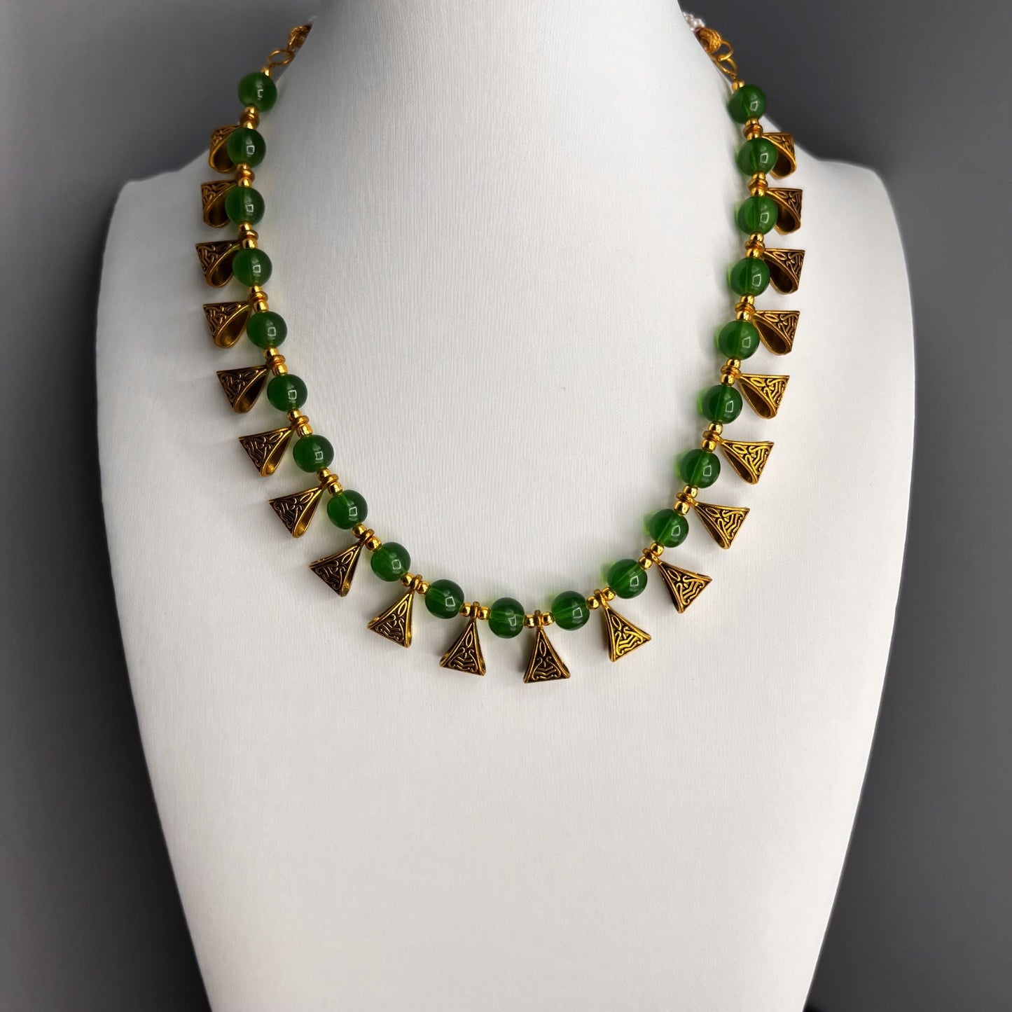 Fashion - Trendy Green Beads & Gold Motifs Oxidized Necklace Set