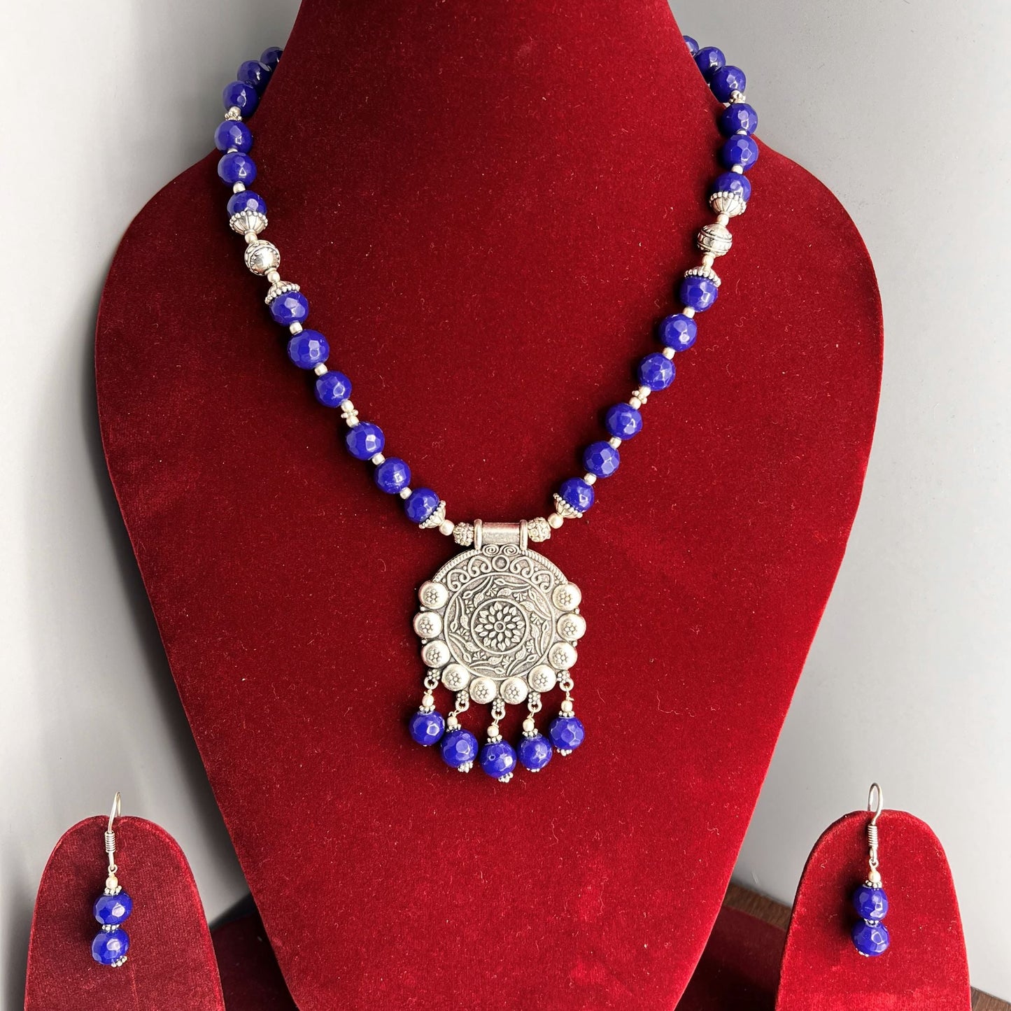 Fashion - Classic Indigo Blue Color Beads Oxidized Necklace Set