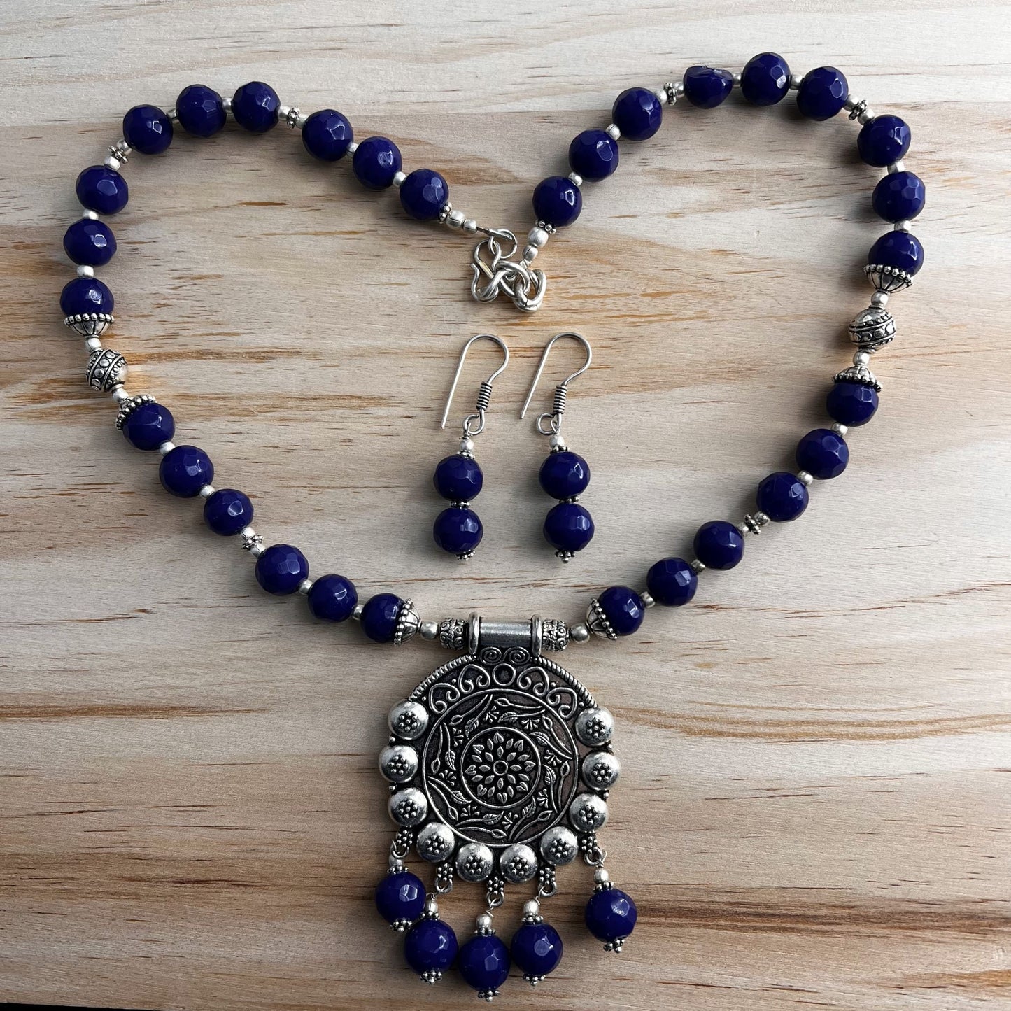 Fashion - Classic Indigo Blue Color Beads Oxidized Necklace Set