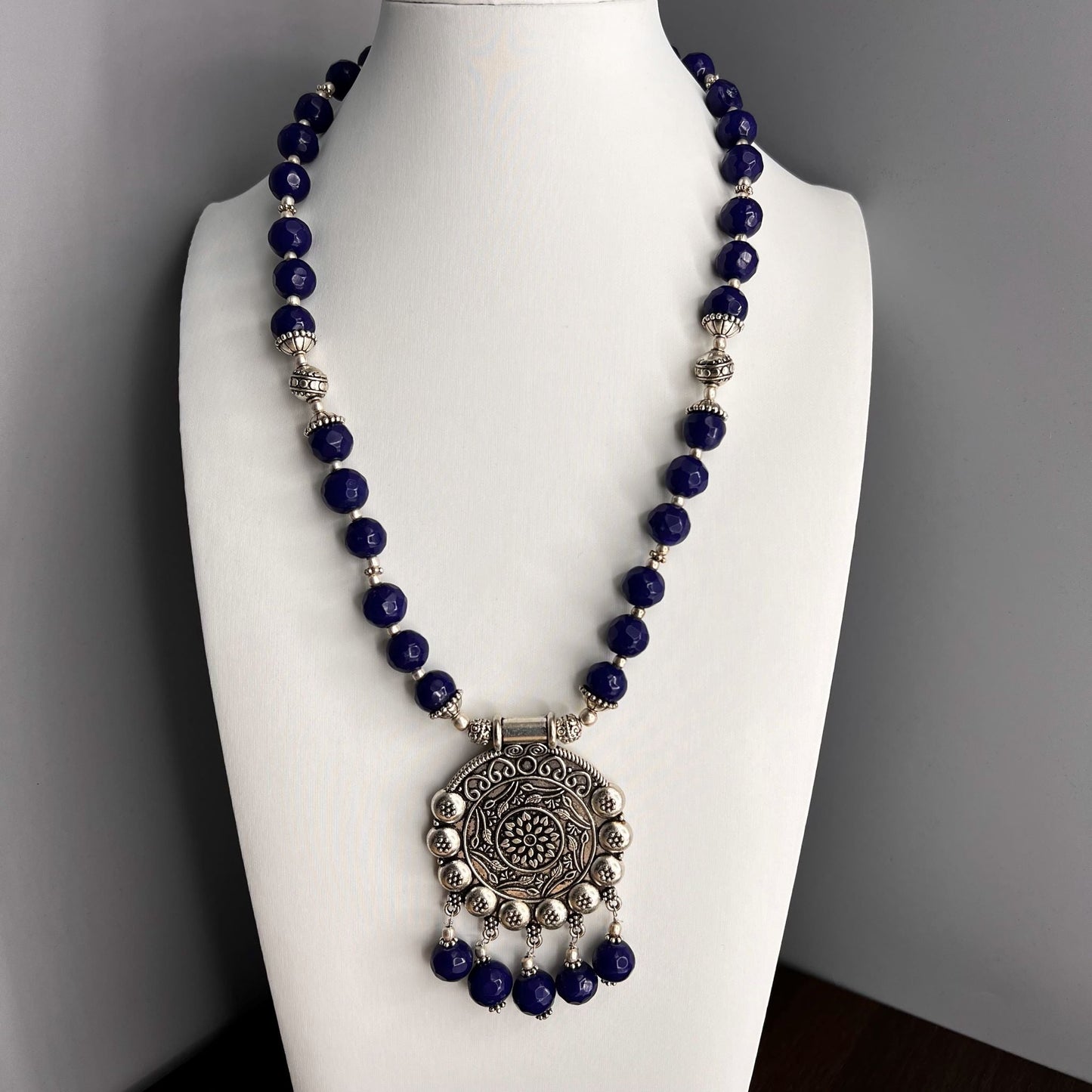 Fashion - Classic Indigo Blue Color Beads Oxidized Necklace Set