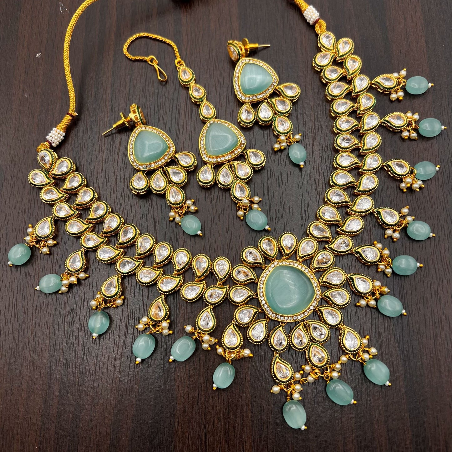 Fashion - Festive Style Aqua Blue Color Monalisa Stone Necklace Set With Gold Tone Plating