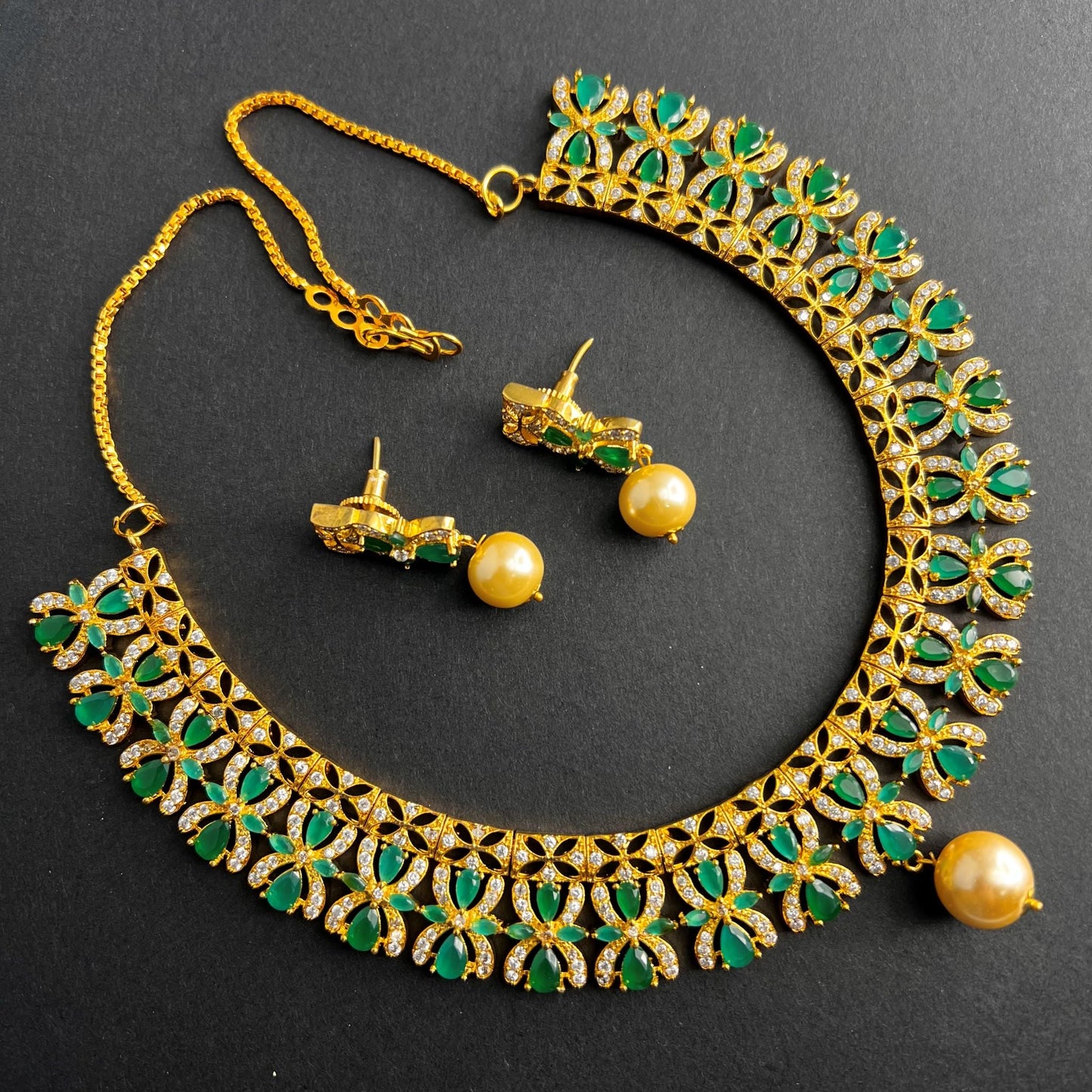 Fashion - Designer Classic Style Green Color AD/CZ Necklace Set With Gold Tone Plating