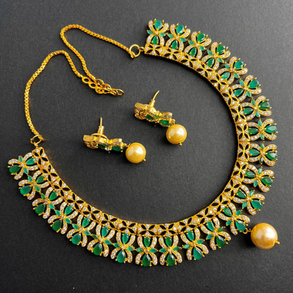 Fashion - Designer Classic Style Green Color AD/CZ Necklace Set With Gold Tone Plating