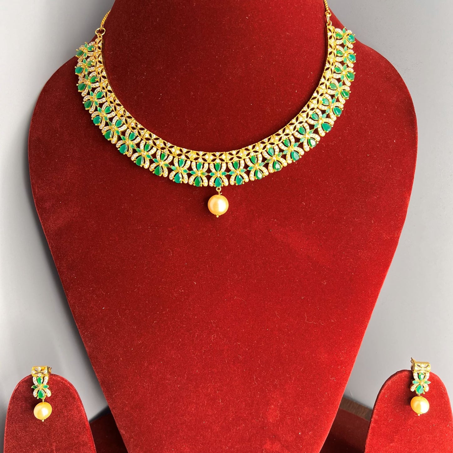 Fashion - Gorgeous Designer Emerald Green AD/CZ Stone Necklace Set