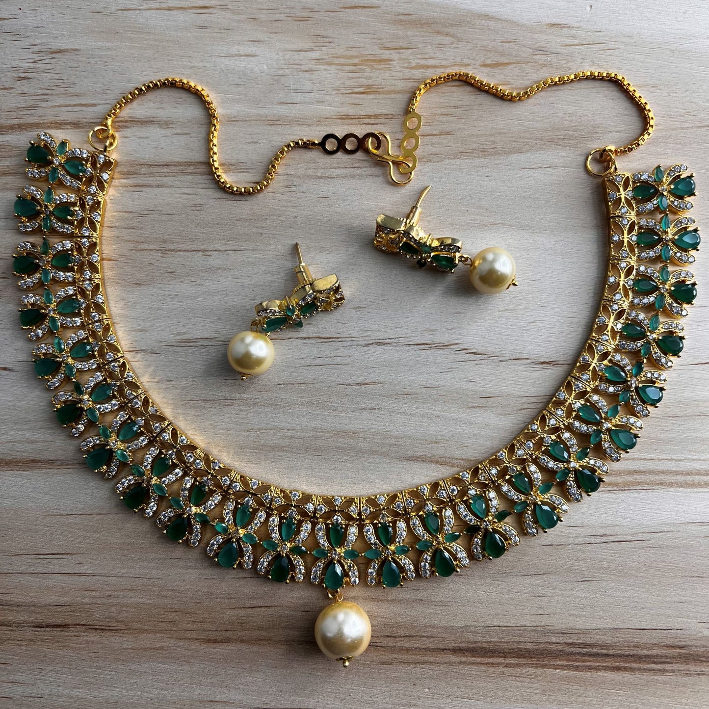 Fashion - Gorgeous Designer Emerald Green AD/CZ Stone Necklace Set