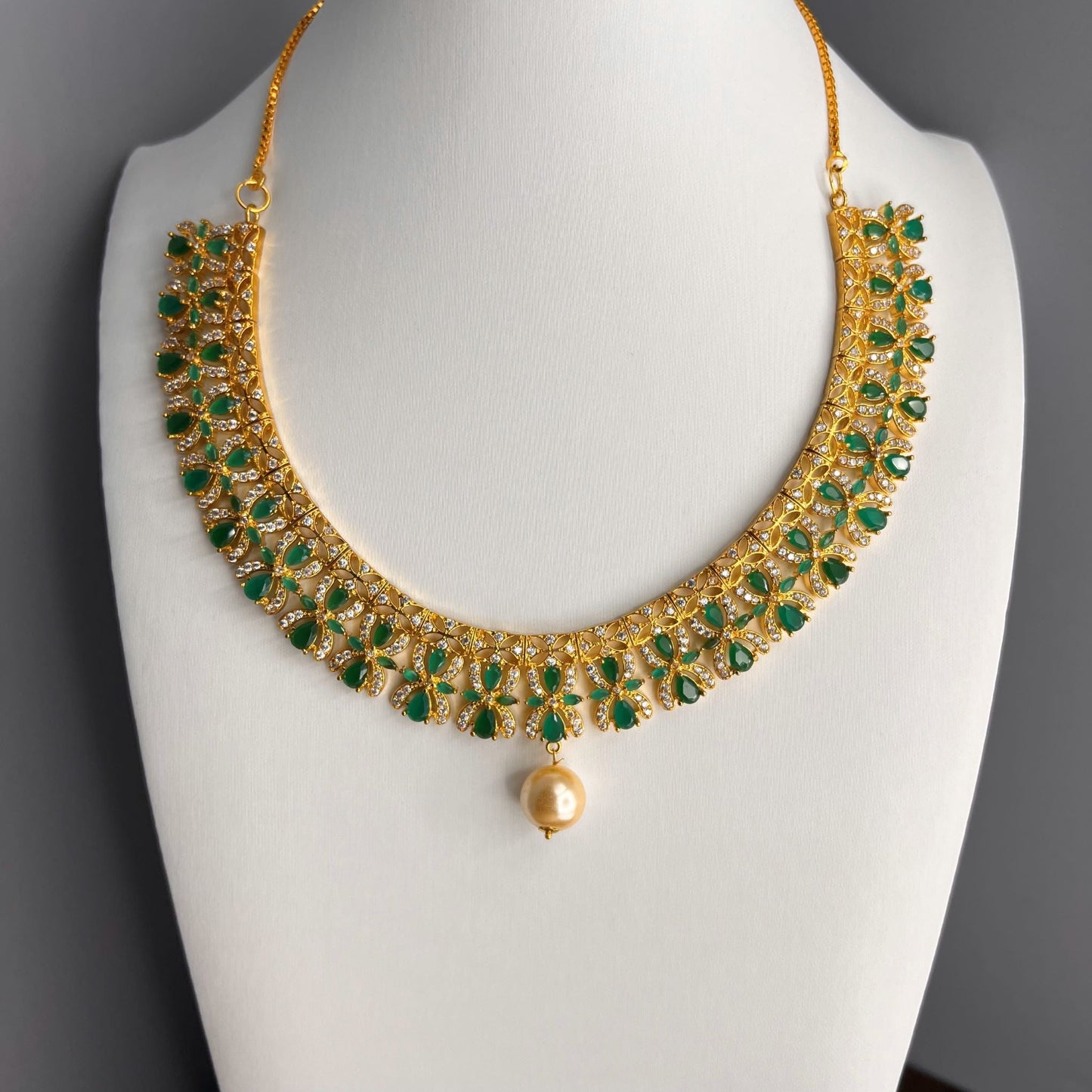 Fashion - Gorgeous Designer Emerald Green AD/CZ Stone Necklace Set