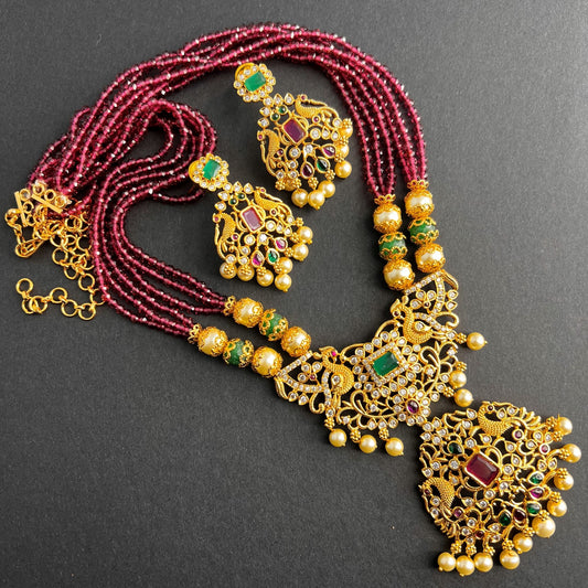 Fashion - Festive Style Ruby Pink Color Antique Traditional, Bead Mix Necklace Set With Gold Tone Plating