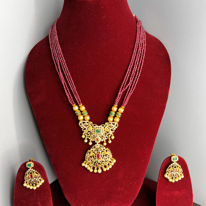 Fashion - Beautiful Design Ruby Pink & Green Antique Traditional, Bead Mix Long Necklace Set