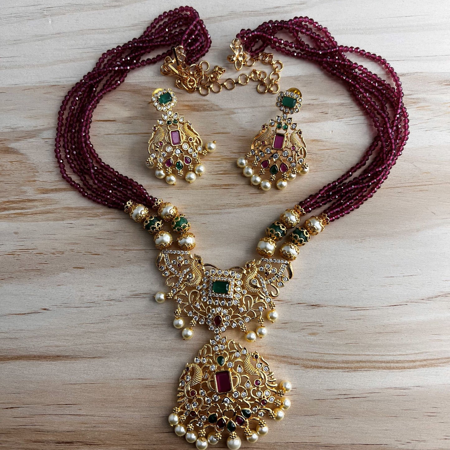 Fashion - Beautiful Design Ruby Pink & Green Antique Traditional, Bead Mix Long Necklace Set