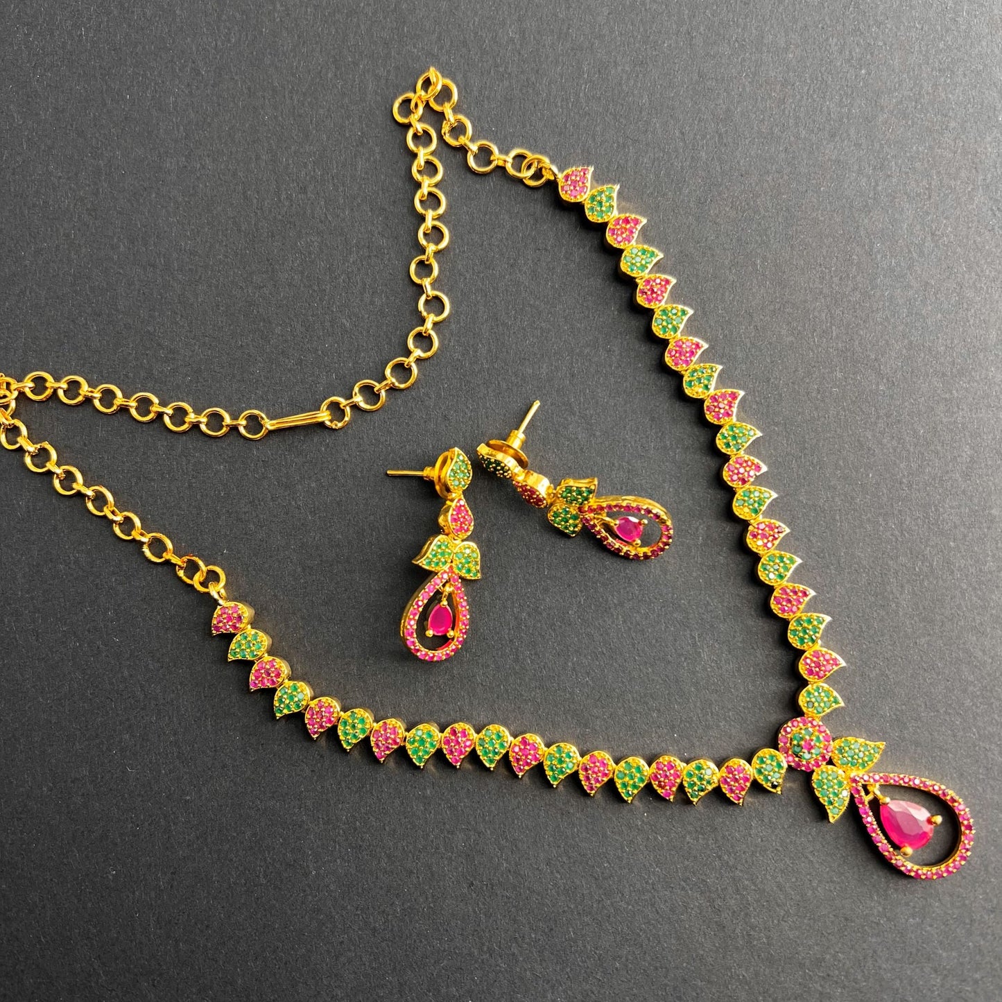 Fashion -  Dainty Style Green, Ruby Pink Color AD/CZ Necklace Set With Gold Tone Plating