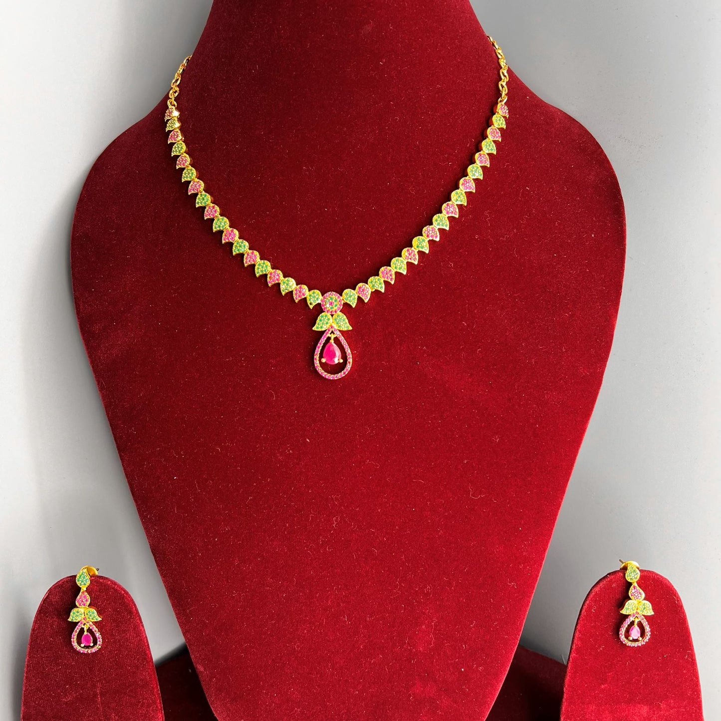 Fashion -  Dainty Mango Shape Motifs Green & Ruby Pink AD/CZ Stone Necklace Set