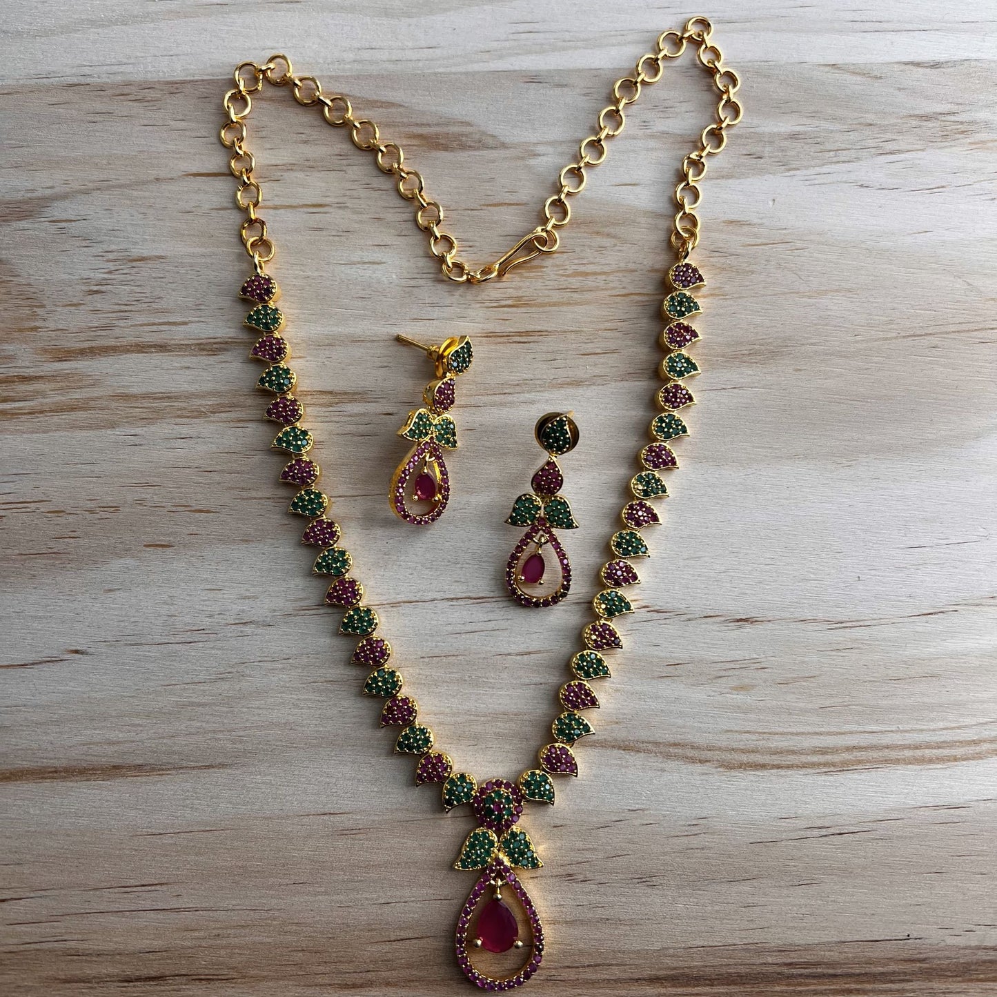 Fashion -  Dainty Mango Shape Motifs Green & Ruby Pink AD/CZ Stone Necklace Set