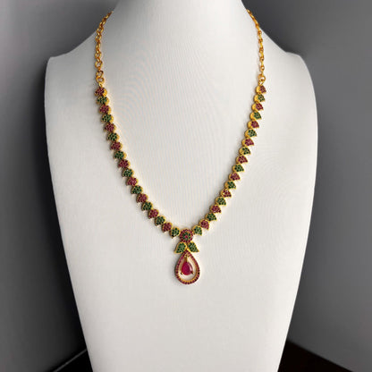 Fashion -  Dainty Mango Shape Motifs Green & Ruby Pink AD/CZ Stone Necklace Set