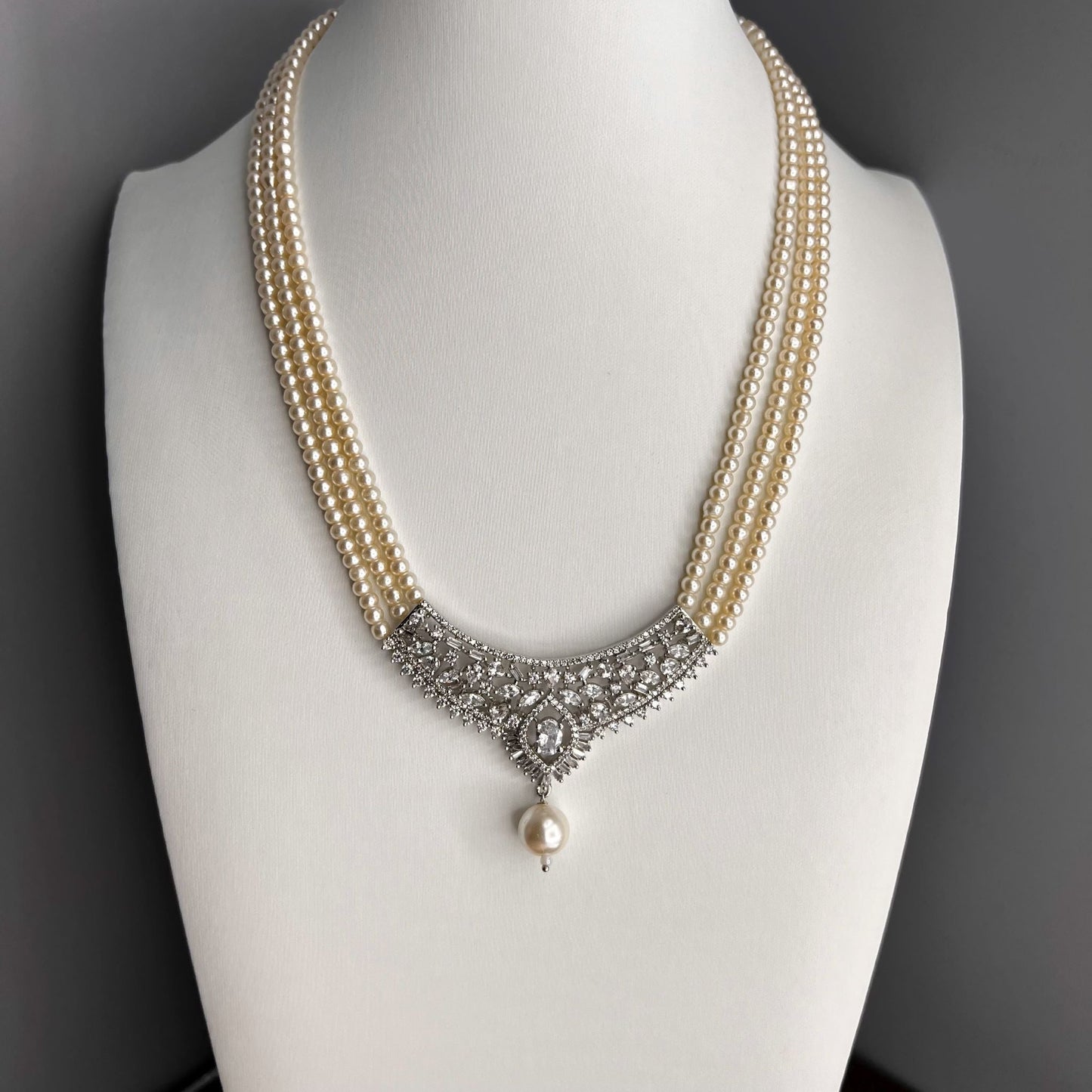 Fashion - Elegant White Color 3 Strand Pearl & AD/CZ Stone, Bead Mix Necklace Set