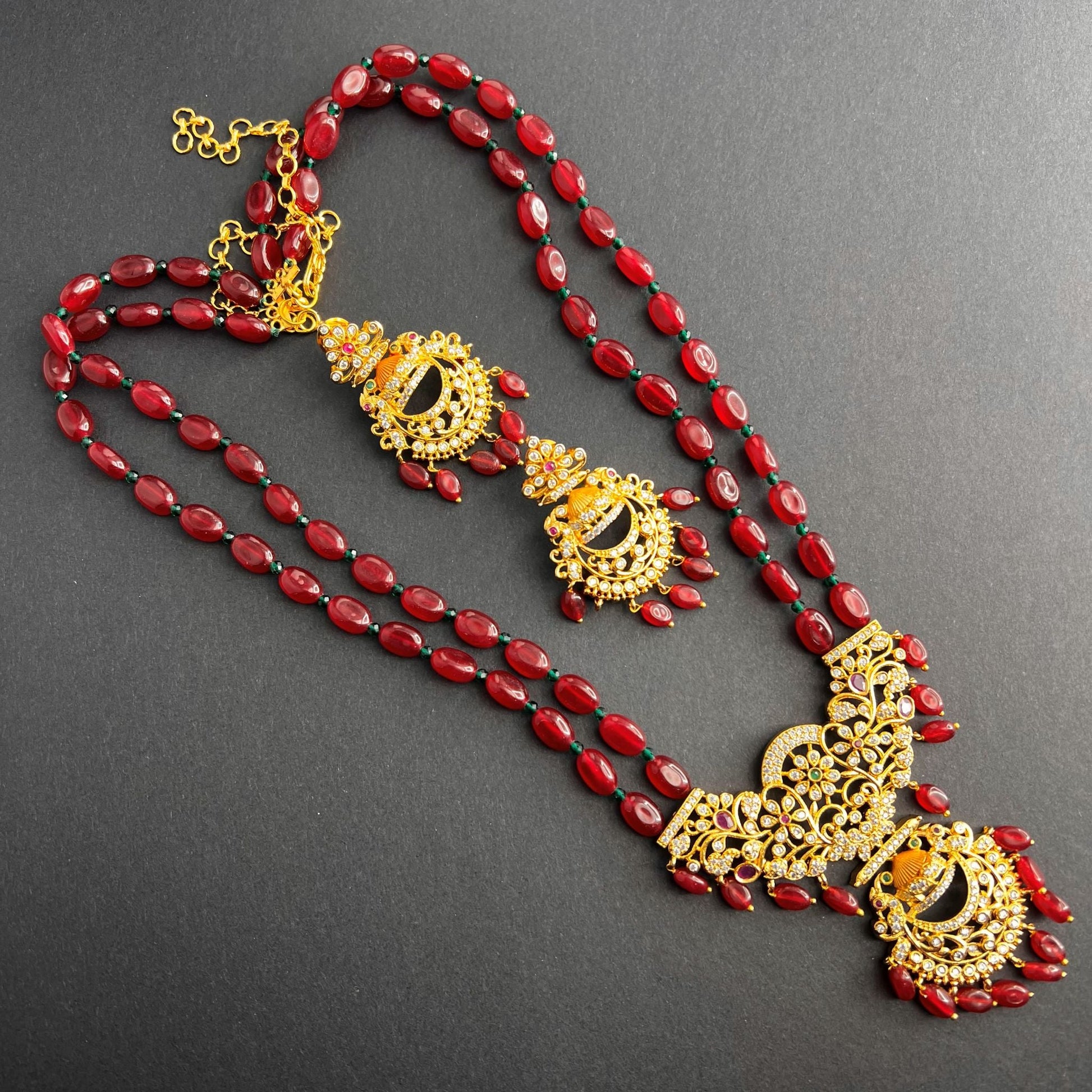 Fashion - Festive Style Red Color AD/CZ, Bead Mix Necklace Set With Gold Tone Plating