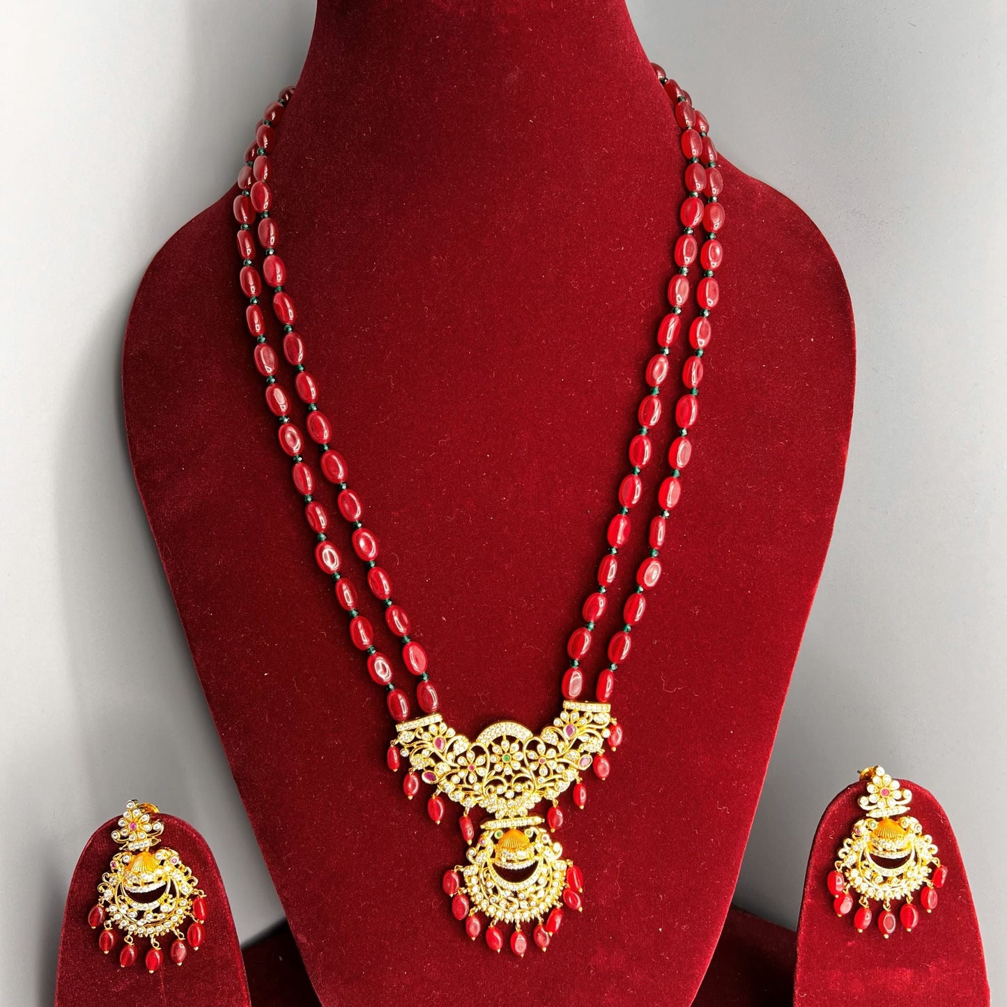 Fashion - Elegant Dual Strand of Red Beads Antique Traditional, Bead Mix Long Necklace Set