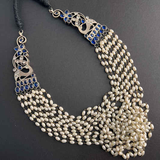 Fashion - Trendy Style Navy Blue Color Oxidized, Bead Mix Necklace With Oxidized Silver Tone Plating