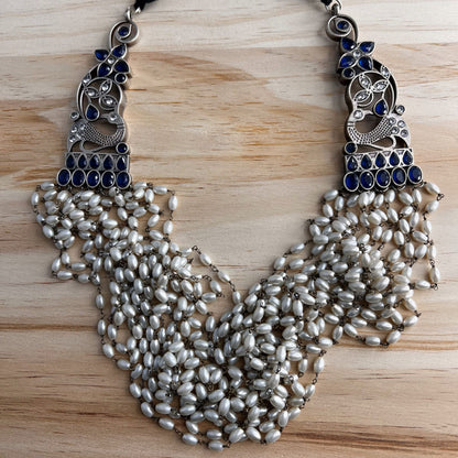 Fashion - Trendy Pearl, Navy Blue Oxidized, Bead Mix Long Necklace