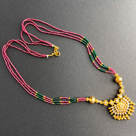 Fashion - Dainty Style Ruby Pink, Green Color Antique Traditional, Bead Mix Necklace With Gold Tone Plating