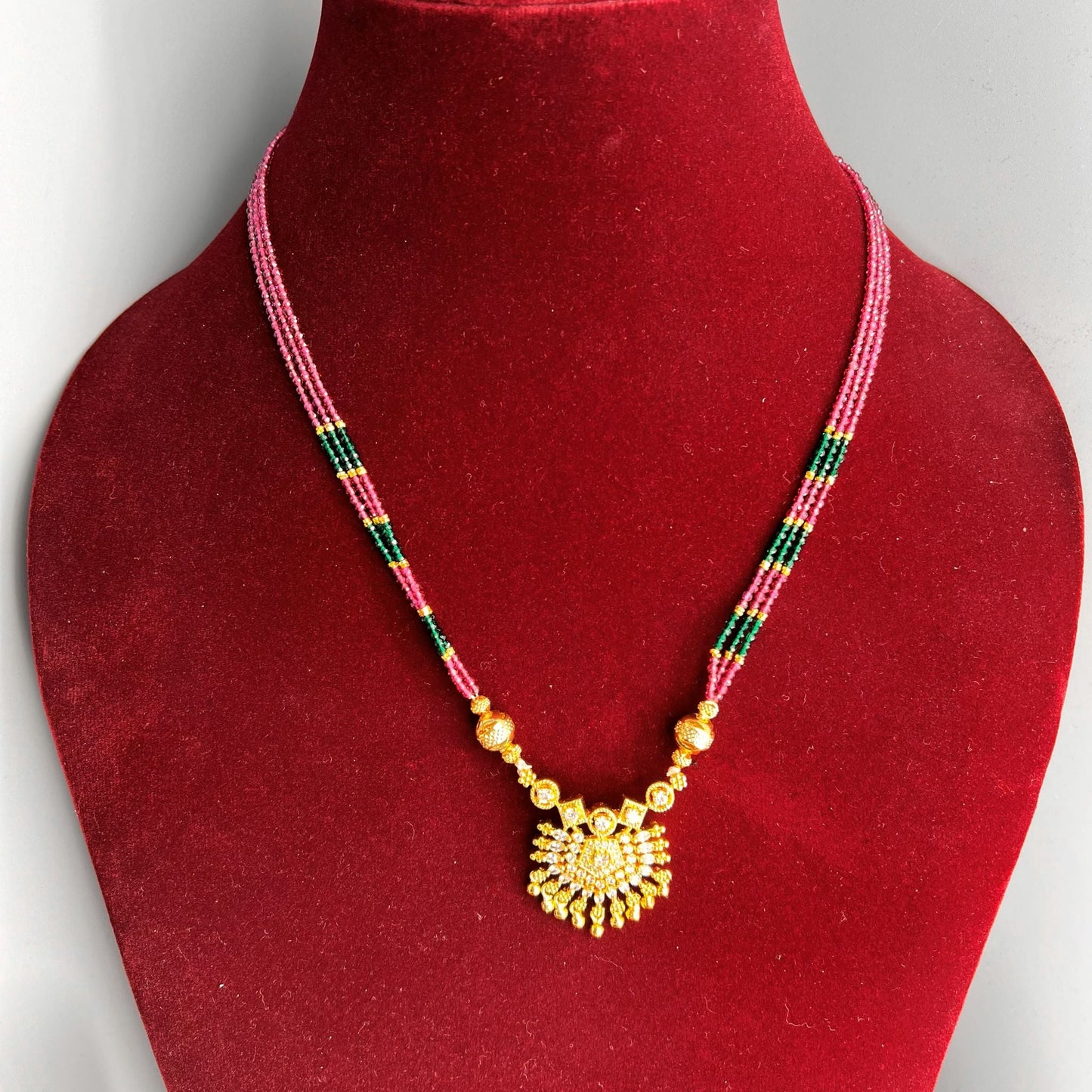 Fashion - Dainty Ruby Pink, Green Antique Traditional, Bead Mix Necklace