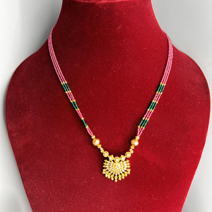 Fashion - Dainty Ruby Pink, Green Antique Traditional, Bead Mix Necklace