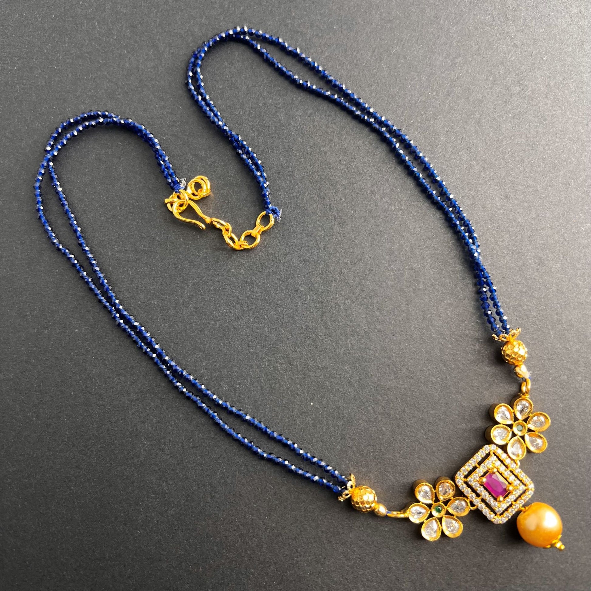 Fashion - Dainty Style Blue Color Antique Traditional, Bead Mix Necklace With Gold Tone Plating