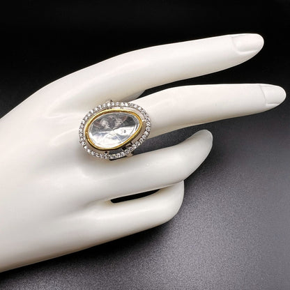 Fashion - Classic Style White Color Kundan Ring With Dual Tone Plating - Size Adjustable