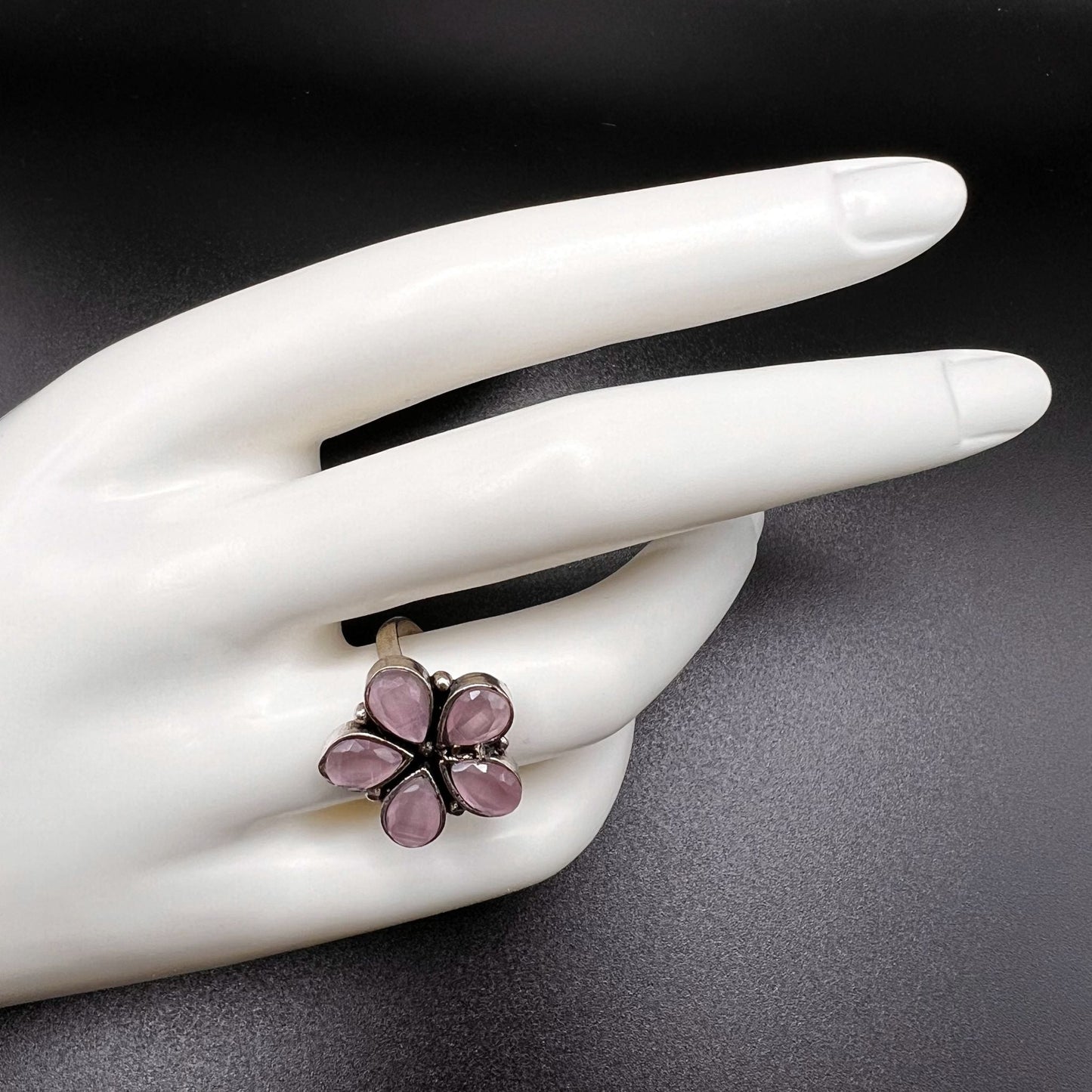 Fashion - Classic Style Pink Color Oxidized Ring With Oxidized Silver Tone Plating - Size Adjustable