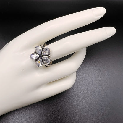 Fashion - Classic Style White Color Oxidized Ring With Oxidized Silver Tone Plating - Size Adjustable