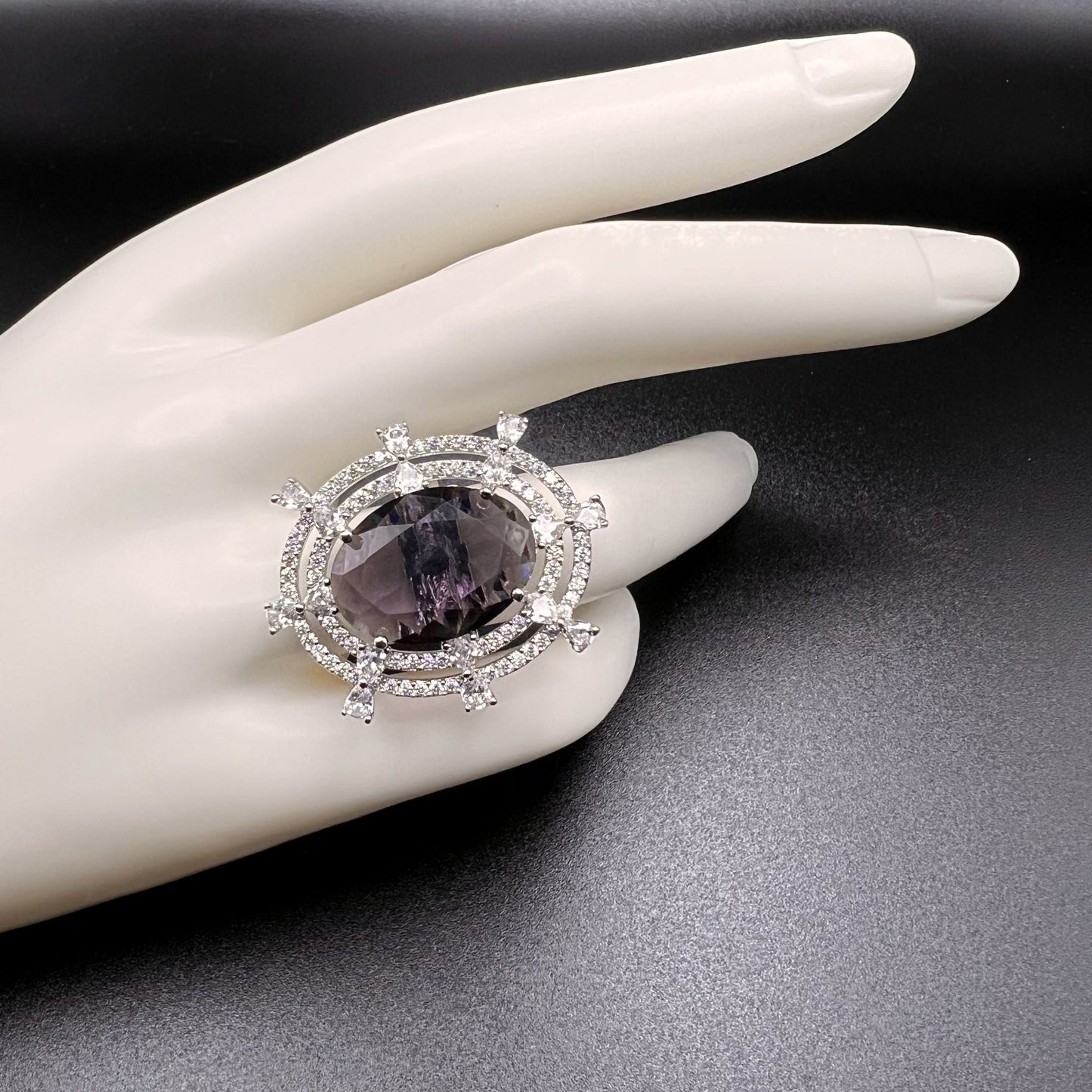 Fashion - Trendy Style Dark Purple Color AD/CZ Ring With Rhodium Plating - Size Adjustable